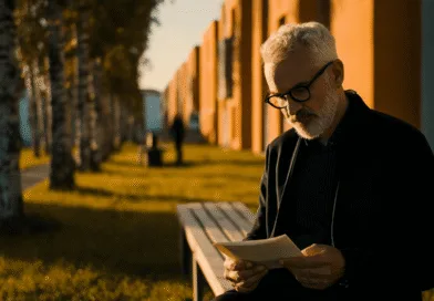 En medelålders man läser ett dokument ute i en park, omgiven av träd och byggnader i solnedgångens ljus. Bilden skapar en harmonisk atmosfär av reflektion och lugn. Midcent kategori: Samhälle.