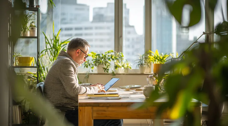 Midcent: En medelålders man arbetar vid en ljusfylld arbetsplats med mycket grönska och modern teknik, vilket skapar en
