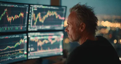 Midcent: En medelålders man studerar aktiegrafer på flera skärmar, kanske som en del av sin investeringsstrategi. Denna bild fångar essensen av ekonomi och dagens finansiella landskap. Kategori: Ekonomi.