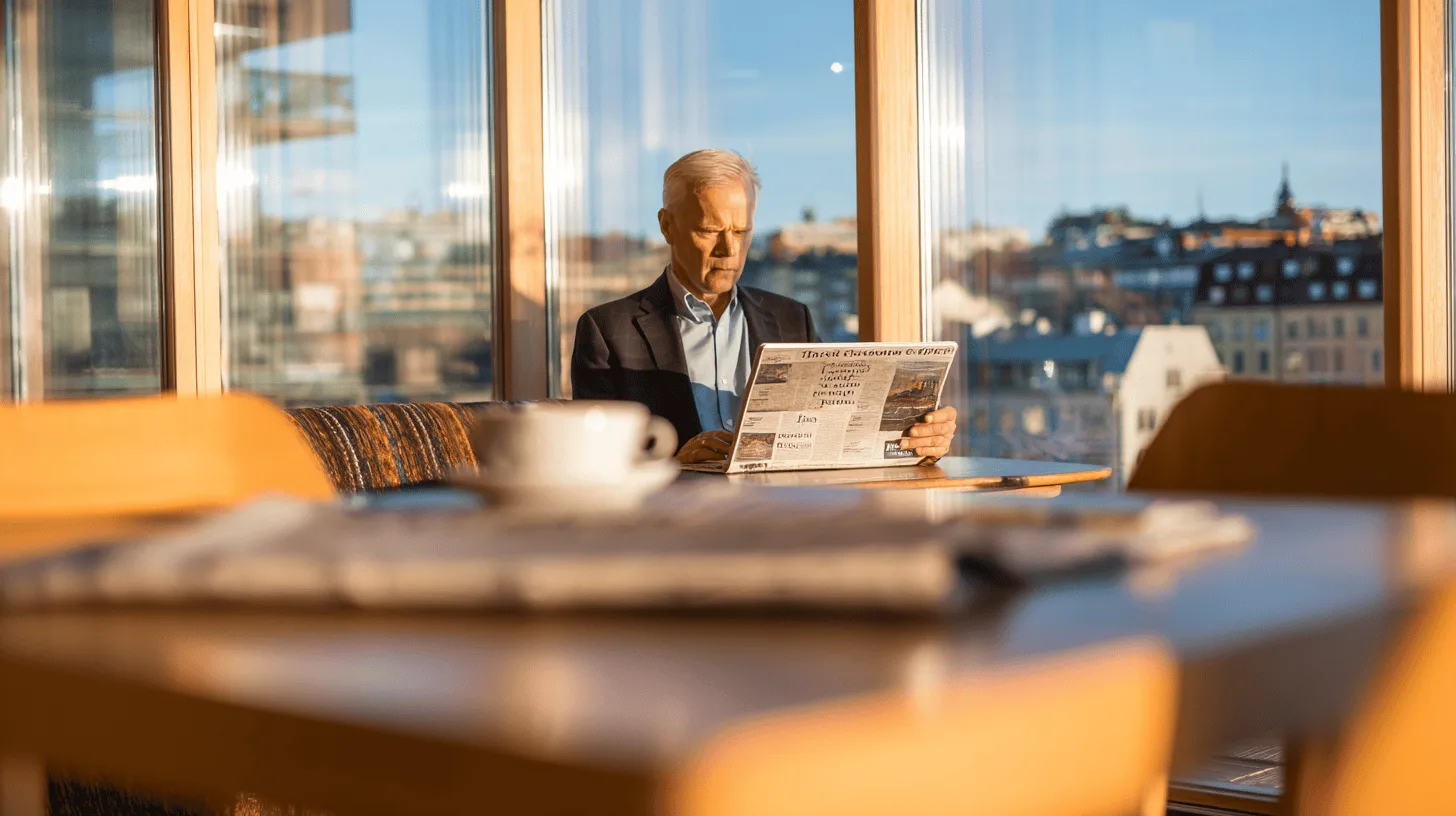 En medelålders man sitter vid ett bord i ett soligt rum och läser en tidning. Bilden förmedlar lugn och fokus i en stadsnära miljö. Midcent. Kategori: Samhälle.