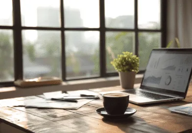 Midcent: Ett modernt kontor med en laptop, diagram och en kaffekopp på ett träbord. Perfekt belysning från stora fönster skapar en inspirerande arbetsmiljö. Teknik.