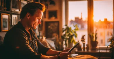 Midcent: En vuxen man sitter vid ett fönster med solnedgång. Han håller en surfplatta och verkar fokuserad. Kategori: Samhälle.