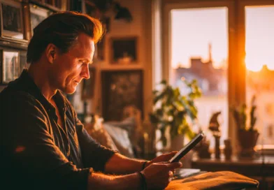 Midcent: En vuxen man sitter vid ett fönster med solnedgång. Han håller en surfplatta och verkar fokuserad. Kategori: Samhälle.