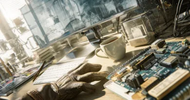 Midcent och teknik i fokus med arbetsbord fyllt av elektronik, kretskort och datorskärm. Inspirerande miljö för innovation och ingenjörskonst. Kopp kaffe vid sidan om antyder en kreativ paus. Perfekt för teknikentusiaster. Kategori: Teknik.