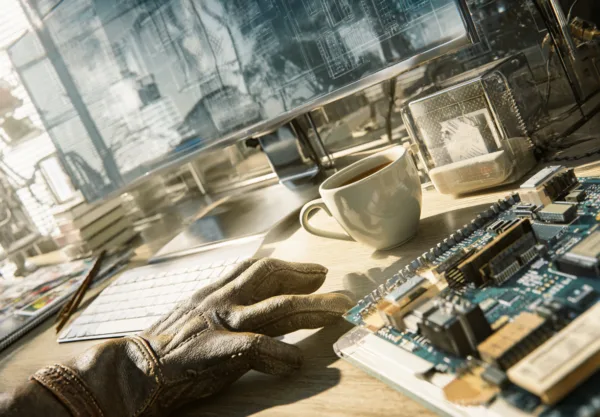 Midcent och teknik i fokus med arbetsbord fyllt av elektronik, kretskort och datorskärm. Inspirerande miljö för innovation och ingenjörskonst. Kopp kaffe vid sidan om antyder en kreativ paus. Perfekt för teknikentusiaster. Kategori: Teknik.