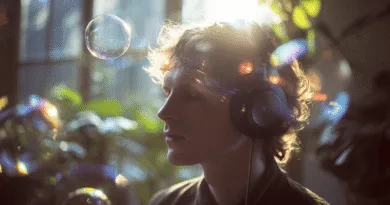 Midcent: En medelålders man lyssnar på musik med hörlurar i ett solbelyst rum, omgiven av färgglada bubblor. Atmosfärisk och avslappnad scen. Kategori: Underhållning.