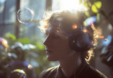 Midcent: En medelålders man lyssnar på musik med hörlurar i ett solbelyst rum, omgiven av färgglada bubblor. Atmosfärisk och avslappnad scen. Kategori: Underhållning.