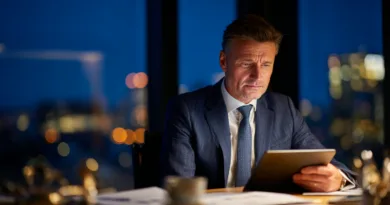 En medelålders man i kostym sitter vid ett skrivbord och granskar en surfplatta i ett kontor med nattlig stadsvy i