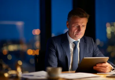 En medelålders man i kostym sitter vid ett skrivbord och granskar en surfplatta i ett kontor med nattlig stadsvy i