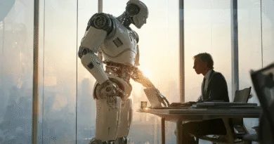 Midcent - En medelålders man möter en robot i en futuristisk kontorsmiljö, vilket symboliserar teknikens framsteg inom affärsvärlden. Denna bild av innovation visar interaktionen mellan människa och AI i det moderna samhället. Kategori: Teknik.