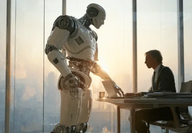 Midcent - En medelålders man möter en robot i en futuristisk kontorsmiljö, vilket symboliserar teknikens framsteg inom affärsvärlden. Denna bild av innovation visar interaktionen mellan människa och AI i det moderna samhället. Kategori: Teknik.