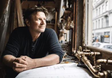 En medelålders man sitter vid ett fönster, omgiven av verktyg och kopparrör, vilket skapar en atmosfär av kreativitet och hantverk. Solen strålar in genom fönstret, vilket bidrar till en reflekterande stämning. Midcent, Teknik.