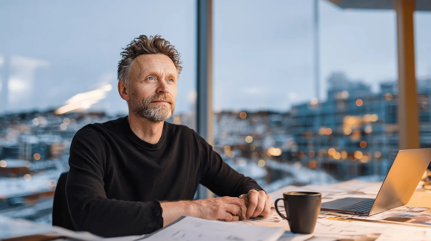 Midcent: En medelålders man reflekterar vid ett kontorsbord med laptop och kaffekopp, omgiven av en stadsutsikt. Arbetsmiljö och kreativitet står i fokus. Kategori: Ekonomi.