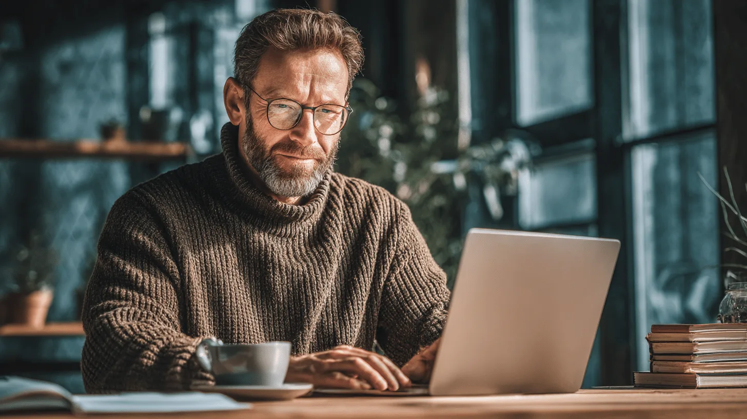 Midcent: En medelålders man sitter fokuserat vid en dator i en mysig miljö med en kopp kaffe. Det naturliga ljuset skapar en harmonisk atmosfär. Teknik.