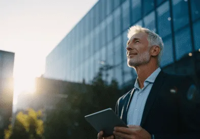 En medelålders man står utanför en modern glasbyggnad vid solnedgången, hållandes en surfplatta. Bilden skapar en känsla av framåtanda och teknologi. Perfekt för ämnet digital transformation.Midcent: Teknik.