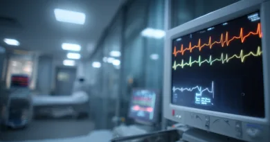 Midcent: Intensivvårdsenhet med fokus på patientövervakning, där EKG-skärmar visar vitala tecken i en modern sjukhusmiljö. Hälsa.