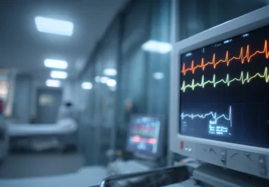 Midcent: Intensivvårdsenhet med fokus på patientövervakning, där EKG-skärmar visar vitala tecken i en modern sjukhusmiljö. Hälsa.