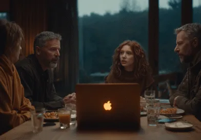 Midcent: Fyra personer samlas kring ett bord på en modern restaurang, med ett Apple-laptop i centrum. Glas med drycker och tallrikar med mat ligger utspridda på träbordet. En medelålders man deltar i samtalet. Underhållning.