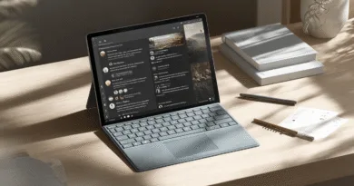 Midcent Teknik: Modern laptop med tangentbord på ett ljust träbord, omgiven av böcker och anteckningar. Perfekt för arbete och kreativitet, med fokus på bekväma arbetsmiljöer och stilfull design. Ökad produktivitet i en inspirerande miljö.