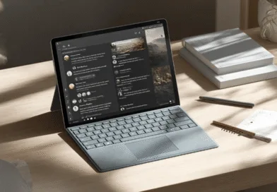 Midcent Teknik: Modern laptop med tangentbord på ett ljust träbord, omgiven av böcker och anteckningar. Perfekt för arbete och kreativitet, med fokus på bekväma arbetsmiljöer och stilfull design. Ökad produktivitet i en inspirerande miljö.