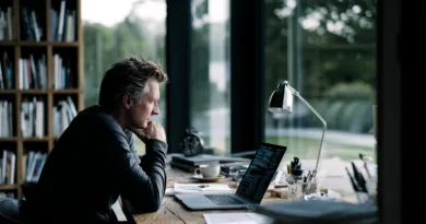 Midcent: En medelålders man arbetar fokuserat vid en bärbar dator i ett modernt hemmakontor. Fönstren släpper in naturligt ljus med utsikt över natur. Träbord med diverse kontorsmateriel. Teknik.