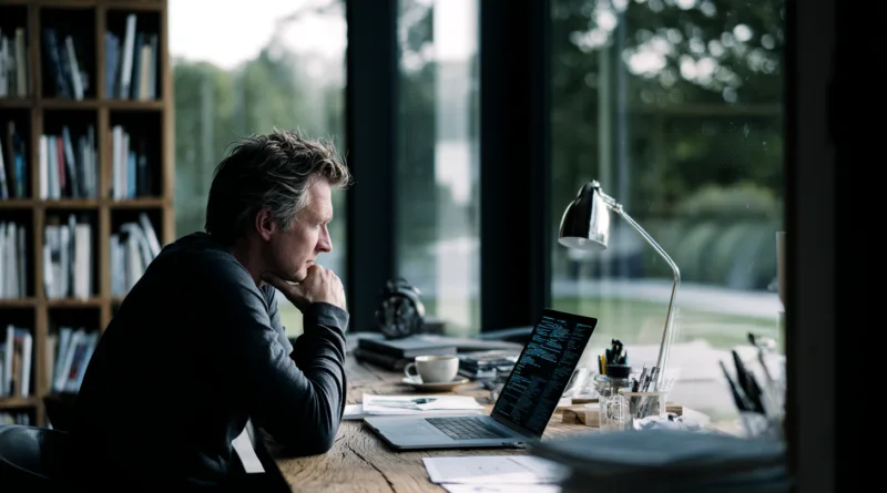 Midcent: En medelålders man arbetar fokuserat vid en bärbar dator i ett modernt hemmakontor. Fönstren släpper in naturligt ljus med utsikt över natur. Träbord med diverse kontorsmateriel. Teknik.