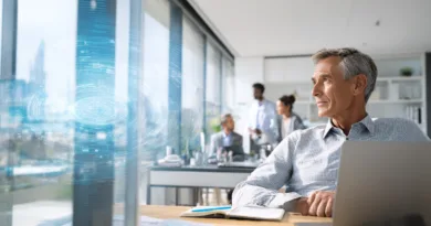 Midcent: En medelålders man blickar tankfullt ut genom fönstret på ett modernt kontor. I bakgrunden arbetar kollegor