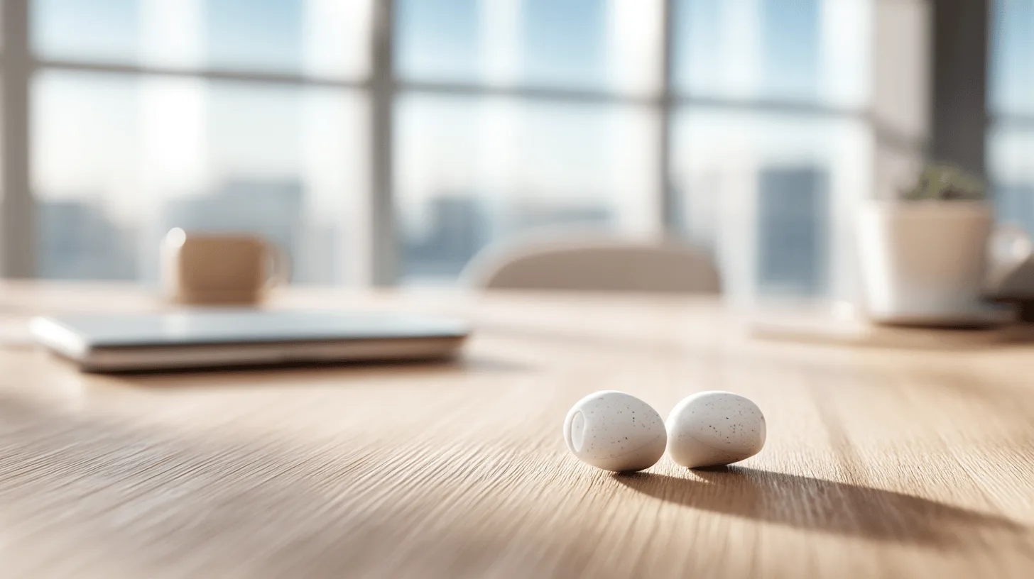 Midcent presenterar trådlösa hörlurar som ligger på ett modernt kontorsbord. Dagsljus strömmar in genom fönstren och skapar en produktiv arbetsmiljö. Perfekt för den teknikintresserade. Kategori: Teknik.