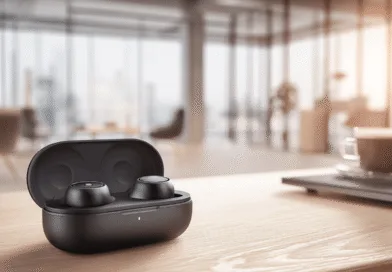 Midcent: Snygga och moderna trådlösa hörlurar i svart laddningsetui på ett bord, perfekt för ljudentusiaster. Stilren design i en ljus och elegant kontorsmiljö med en kopp espresso i bakgrunden.Kategori: Teknik.