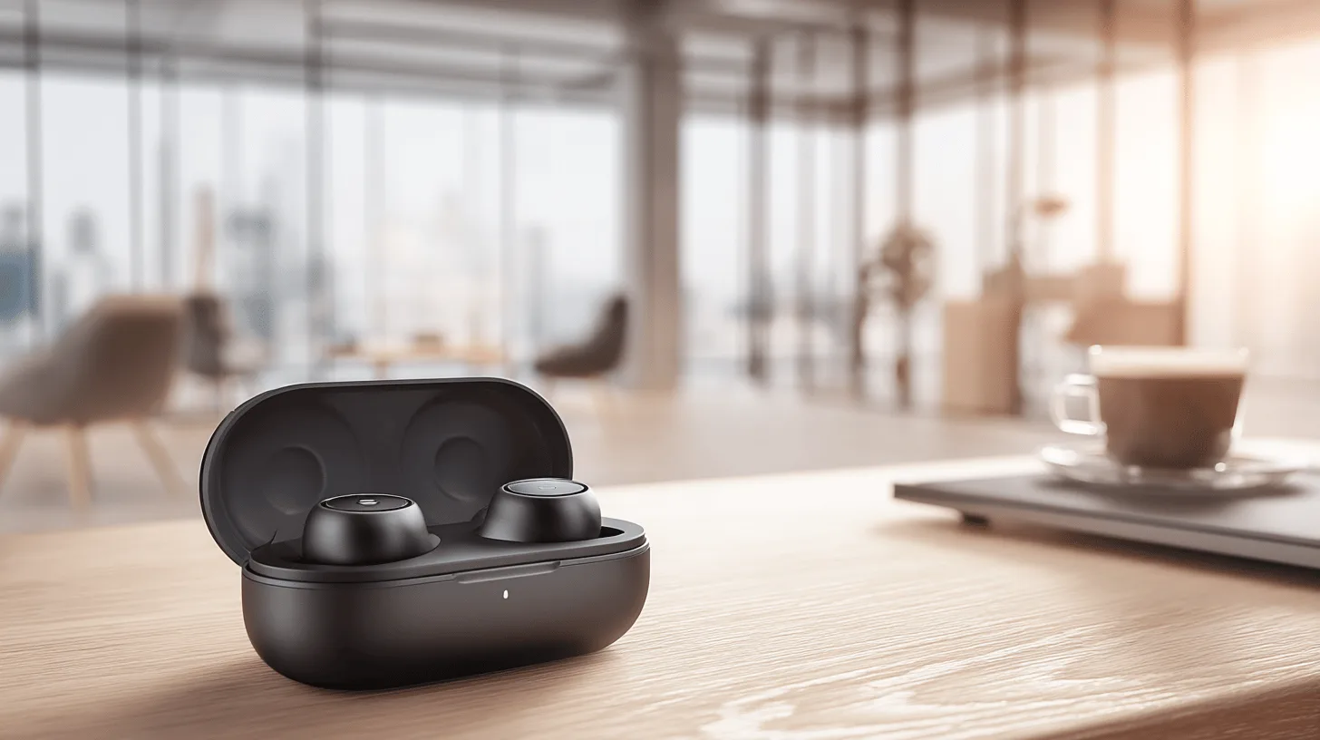 Midcent: Snygga och moderna trådlösa hörlurar i svart laddningsetui på ett bord, perfekt för ljudentusiaster. Stilren design i en ljus och elegant kontorsmiljö med en kopp espresso i bakgrunden.Kategori: Teknik.