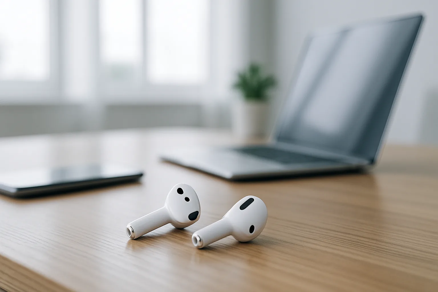 Midcent: Elegant kontorsmiljö med trådlösa hörlurar och bärbar dator på ett modernt skrivbord. Perfekt för produktivitet och teknologianvändning i vardagen. Teknik.