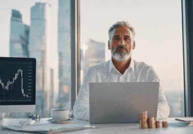 En medelålders man sitter vid ett skrivbord i ett kontor omgiven av finansdokument. På datorskärmen syns aktiegrafer. Midcent. Kategori: Ekonomi.