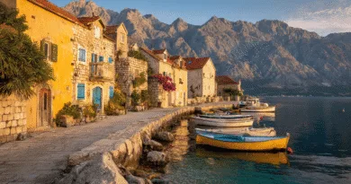 Midcent: En pittoresk kustby med solbelysta stenhus, färgglada båtar och majestätiska berg i bakgrunden. Den lugna vattenytan speglar byns charm och kultur, perfekt för den som söker en idyllisk semesterupplevelse. Resa.