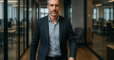 En medelålders man klädd i kostym går genom en modern kontorslokal. Glasväggar och dämpad belysning bidrar till en professionell atmosfär. Midcent. Kategori: Ekonomi.