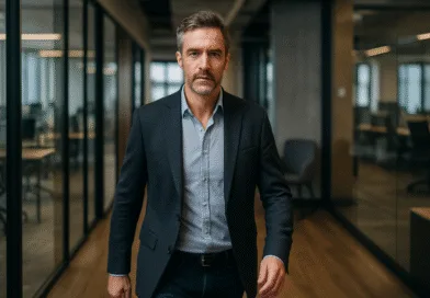 En medelålders man klädd i kostym går genom en modern kontorslokal. Glasväggar och dämpad belysning bidrar till en professionell atmosfär. Midcent. Kategori: Ekonomi.