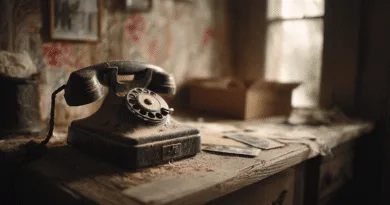 Midcent presenterar ett vintage rum med en klassisk, dammig telefon på ett gammalt träbord, omgiven av gammaldags fotoalbum. Bilden skapar en nostalgisk känsla av förfluten tid och stil. Kategori: Samhälle.