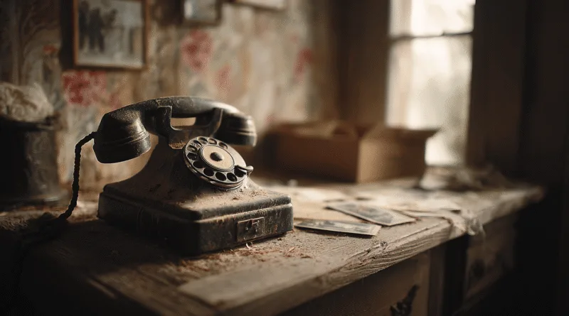 Midcent presenterar ett vintage rum med en klassisk, dammig telefon på ett gammalt träbord, omgiven av gammaldags fotoalbum. Bilden skapar en nostalgisk känsla av förfluten tid och stil. Kategori: Samhälle.