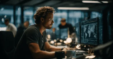 Midcent: En medelålders man arbetar fokuserat vid datorer med avancerade datablad och kartor. Modern kontorsmiljö, teknologiskt arbete och databehandling i framkant. Känner igen framstående innovation. Kategori: Teknik.