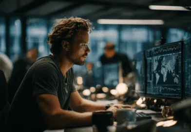 Midcent: En medelålders man arbetar fokuserat vid datorer med avancerade datablad och kartor. Modern kontorsmiljö, teknologiskt arbete och databehandling i framkant. Känner igen framstående innovation. Kategori: Teknik.