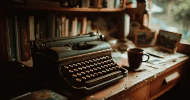 Midcent: En gammaldags skrivmaskin står på ett skrivbord fyllt med böcker och papper bredvid en kopp kaffe. Perfekt miljö för kreativt skrivande och litterära äventyr. Kategorin är: Underhållning.