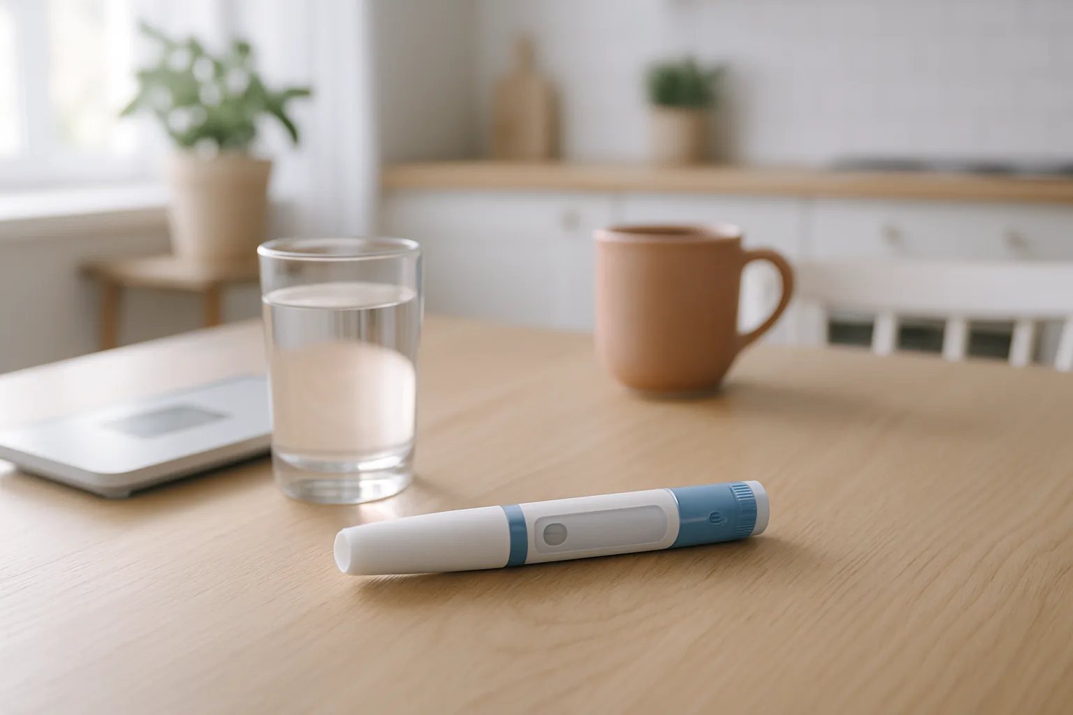 Midcent: En modern insulinspruta på ett köksbord med ett glas vatten och en kaffekopp i bakgrunden. Bilden representerar en hälsosam livsstil och medicinsk daglig rutin. Kategori: Hälsa.