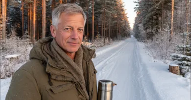 En medelålders man njuter av en vinterpromenad i en snötäckt skog, omgiven av höga träd i solens sken. Han håller i en