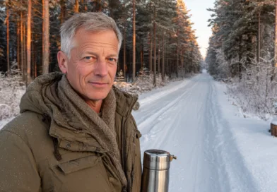 En medelålders man njuter av en vinterpromenad i en snötäckt skog, omgiven av höga träd i solens sken. Han håller i en