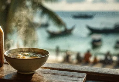 Midcent erbjuder en idyllisk matupplevelse vid stranden. Njut av en skål het nudelsoppa och kall öl medan du beundrar båtar som seglar förbi i bakgrunden. Perfekt för en avkopplande dag vid havet. Kategori: Mat.