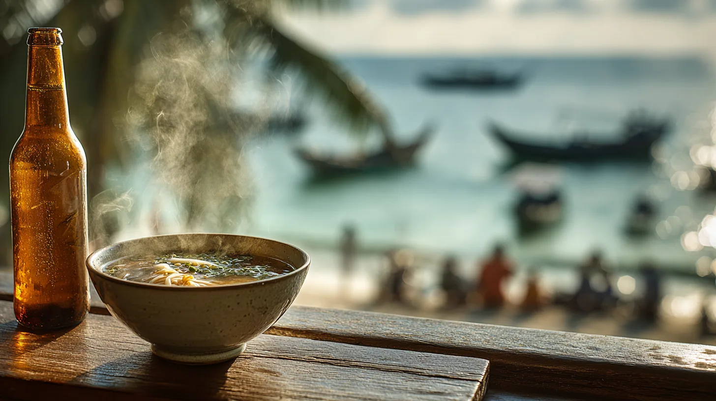 Midcent erbjuder en idyllisk matupplevelse vid stranden. Njut av en skål het nudelsoppa och kall öl medan du beundrar båtar som seglar förbi i bakgrunden. Perfekt för en avkopplande dag vid havet. Kategori: Mat.