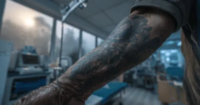 Midcent: Närbild på en medelålders mans tatuerade arm i en modern klinikmiljö, omgiven av medicinsk utrustning. Ljuset från fönstren skapar en atmosfär av lugn och professionalism. Kategori: Hälsa.