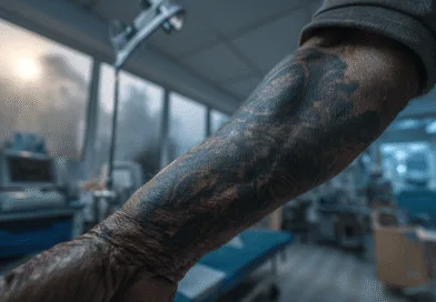 Midcent: Närbild på en medelålders mans tatuerade arm i en modern klinikmiljö, omgiven av medicinsk utrustning. Ljuset från fönstren skapar en atmosfär av lugn och professionalism. Kategori: Hälsa.