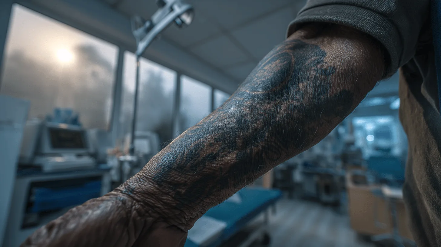 Midcent: Närbild på en medelålders mans tatuerade arm i en modern klinikmiljö, omgiven av medicinsk utrustning. Ljuset från fönstren skapar en atmosfär av lugn och professionalism. Kategori: Hälsa.
