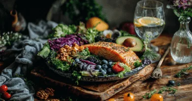 Midcent: Färsk och hälsosam maträtt med lax, avokado, bär och valnötter på en bädd av grönsaker. Kulinarisk njutning i en estetiskt tilltalande uppsättning.Kategori: Mat.