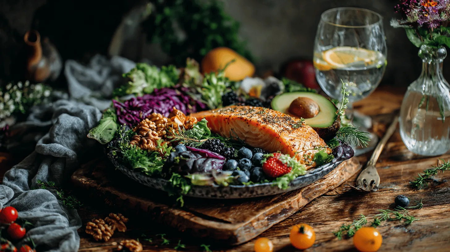 Midcent: Färsk och hälsosam maträtt med lax, avokado, bär och valnötter på en bädd av grönsaker. Kulinarisk njutning i en estetiskt tilltalande uppsättning.Kategori: Mat.